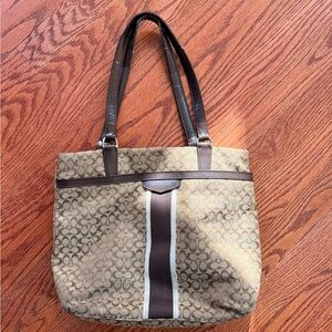 Coach Khaki and Brown Signature Stripe Tote